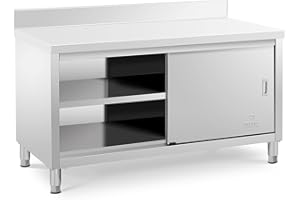 Royal Catering Meuble Bas En Inox Plan De Travail Professionnel Cuisine Armoire Basse Adossée RCSSCB-150x70-E-B (600 kg max., 150 x 70 x 85 cm, Dosseret 10 cm, 2 Portes Coulissantes, Acier Inoxydable)