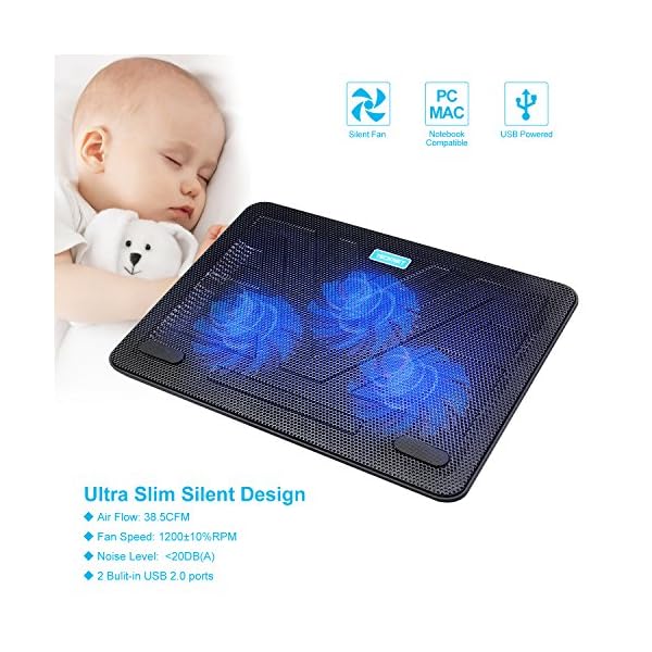 TeckNet 12"-17" Quiet Laptop Cooler Cooling Pad Stand With 3 USB Powered Fans, 1200 RPM, Light Weight & Ultra-Slim Design - Image 4