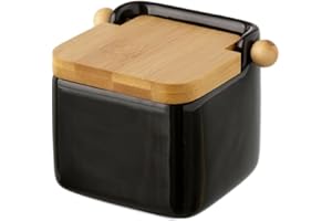 Home Line Salero Cuadrado de cerámica con Tapa de Madera (12x12x11 cm). Color Negro