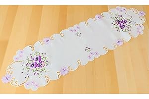 MATCHES21 HOME & HOBBY matches21 Runner centrotavola centrotavola con fiori primaverili bianco ricamati viola 40 x 140 cm ovale poliestere