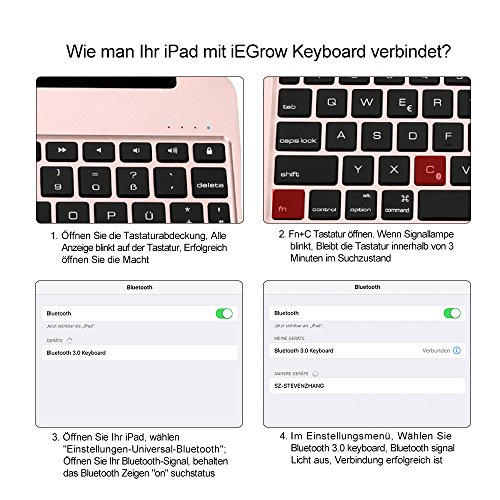 iPad Pro 9.7 Tastatur Fall, iEGrow F06 Dünn Aluminum Bluetooth Tastatur mit Schutzhülle Abdeckung und 7 Farbe Hintergrundbeleuchtung für iPad Air 2 und Pro 9.7 [QWERTZ deutsches Tastaturlayout] Rose Gold - 6