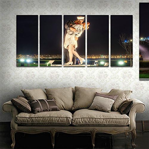CyioArt - 5 Panels Modern Canvas Painting Wall Art The Picture For Home Decoration Kissing Sailor Statue In San Diegos Buildings Cityscape Print On Canvas Giclee Artwork For Wall Decor (69"W x 32"H, framed and ready to hang)