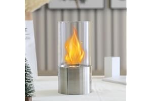 ‎JHY DESIGN JHY DESIGN Portable Table Fireplace with Cylindrical Glass, 26 cm High, Table Fire Bowl, Pot, Clean Combustion, Bio Ethanol, Ventless Fire Pit for Indoor, Outdoor, Patio, Parties (Silver)