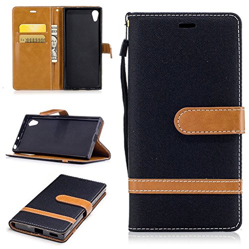 Coque Sony Xperia XA1,Ecowayétui en cuir PU Couleurs mélangées denim étui de téléphone Portefeuille Etui ( noir Cowboy) Housse de Protection Coque Étui Case Cover avec Stand Support Avec des Cartes de Crédit Slot et Fonction Support