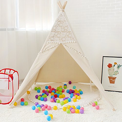 Lebze Teepee Tent for Kids - Natural Cotton Canvas Lace Play Wigwam for Baby Girls