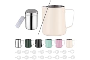 Zuquik Pot à Lait Barista en Acier Inoxydable de 350 ml Avec Mesure Mark 12oz, Pot à Mousse de Lait avec Saupoudreur de Cacao, 16 Pochoirs et Stylo pour Cappuccino et Expresso,Blanc