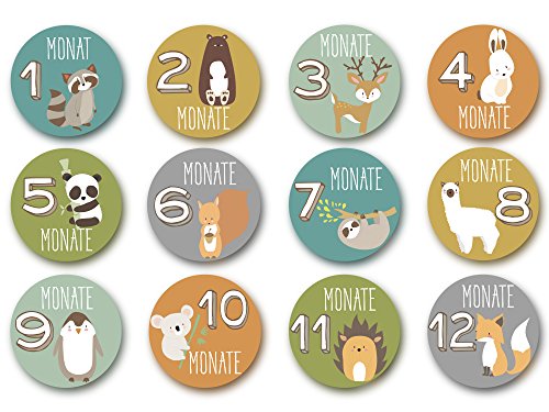 Baby Monatsaufkleber für das 1. Lebensjahr (Deutsch) – Tiermotive - 4