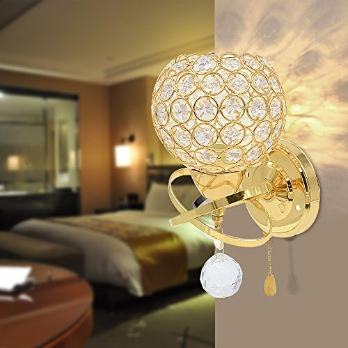 Reelva Modern Golden Chrome Crystal LED Wall Light Lamp Sconce Fixture Pull Switch Bedroom Hallway with E14 Socket