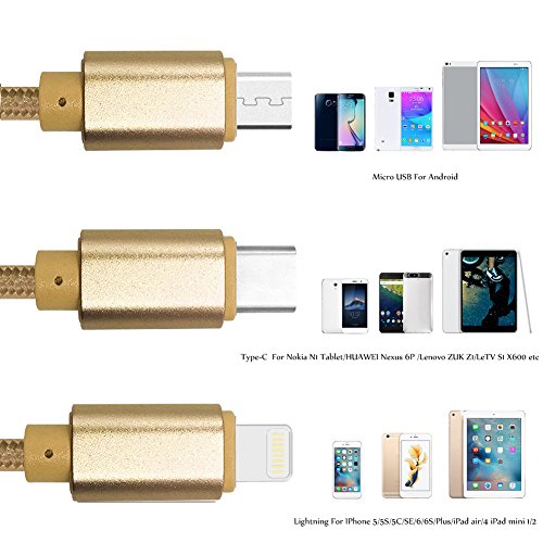 Multi USB Kabel, 4ft /1.24m Nylon geflochten 3 in 1 USB Ladekabel Adapter Stecker mit 8 Pin Lightning / Type C / Micro USB für iPhone 6s, 6, 6 Plus, 5 / 5S / 5C, Galaxy S2, 3, 4, Nexus 6P , 5X und mehr Smartphones(Gold) - 2