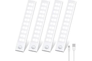 FOREPIN Under Cabinet Kitchen Lights, 4 Pack 40 LED Motion Sensor Cupboard Lights indoor with Magnetic Strip, USB Type-C Rechargeable 3 Color Temperature Dimmable Night Lights for Wardrobe Closet Stairs