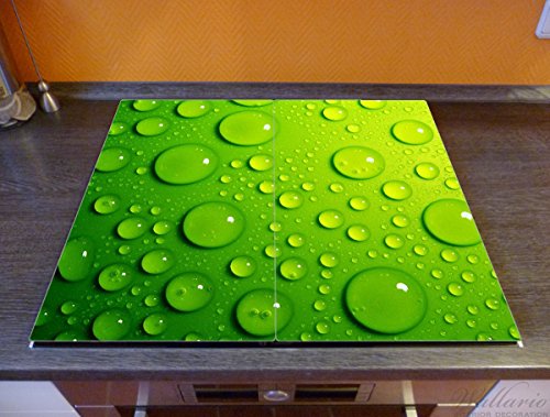 Wallario Herdabdeckplatte / Spritzschutz aus Glas, 2-teilig, 60x52cm, für Ceran- und Induktionsherde, Wassertropfen auf Grün - 2