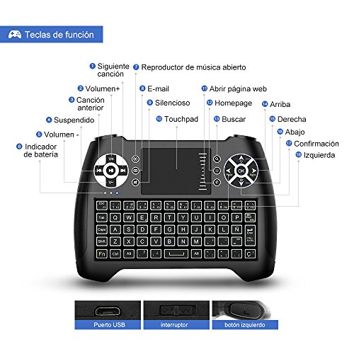 Horsky Espa  ol Mini Teclado Inal  mbrico 2 4GHz Touchpad Keyboard Botones 76 Teclado led con Rat  n para Smart TV  PC  Android TV Box  HTPC  IPTV  XBOX  XBOX360  PS3  FOX Retroiluminado Azul