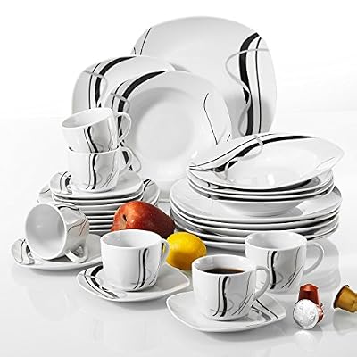 Veweet FIONA 30pcs Service de Table Porcelaine 6pcs Assiette Plate / Assiette à Dessert / Assiette Creuse / Tasse avec Soucoupes pour 6 Personnes Vaisselles Céramique