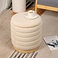 NEWIMAGE Round Ottoman Storage Box Dutch Velvet Pouffe Footstool 15'' Padded Stool Seat with Wooden Base, Footrest Vanity Stool with Lids for Bedroom Living Room Balcony Snack(Cream, Horizontal Line)