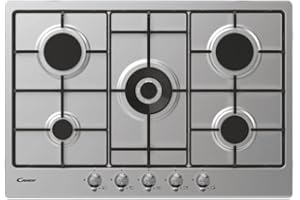 Candy Classic Piano Cottura a Gas 5 Fuochi, Acciaio Inossidabile, Bruciatore a Doppia Corona, Griglie Smaltate Leggere e Lavabili in Lavastoviglie, 74,5 x 51 x 3,5 cm, Color Inox - CHW74WTX