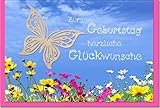 handverarbeitet metalum Premium-Glückwunschkarte zum Geburtstag mit wunderschönen Blumen-Motiv in tollen Farben und zierlichem Schmetterling aus echtem Holz