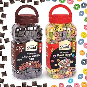 Swad Fruit Rings & Choco Vanilla Fills, Combo of 2 Jars (Multigrain Chocos & Fruit Loops Breakfast Children Cereals) Jar, 650 g