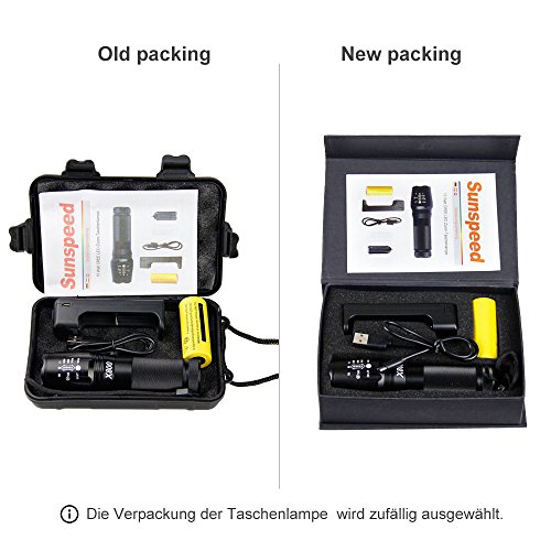 SUNSPEED Wiederaufladbare LED Taschenlampe/5 Modus Regulierbar/500 Lumen /IP65 Wasserdicht/ 26650 aufladbare Batterie + Ladegerät+3 AAA Akku-Halter - 4