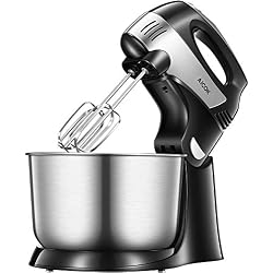 Aicok Batteur Electrique 2 en 1 Inox 6 Vitesses Avec Turbo Fouet Électrique Pour Pates, Oeufs en Neige Avec Fouetteurs et Crochets de Pétrissage Sans BPA, Argent, 300W