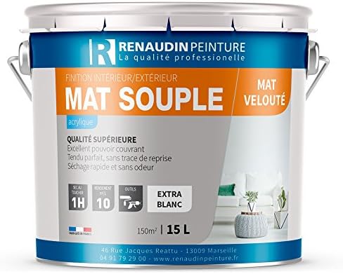 Renaudin 130107 Matte Soft Acrylic Paint Interior Wall/Ceiling Paint Matte Finish 15 L White