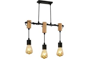 DAXGD Lustre Plafonnier Vintage, Suspensions d'éclairage Intérieur Rétro Bois et Métal, Plafonniers E27 pour Cuisine Salle à Manger Salon, 3 Ampoules Non Incluses, max 60W