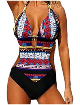 Aidonger Damen Sexy Nationalen Drucken Neckholder Tankini Badeanzug Hot Frauen Push-Up Rückenfrei Monokini Böhmen...