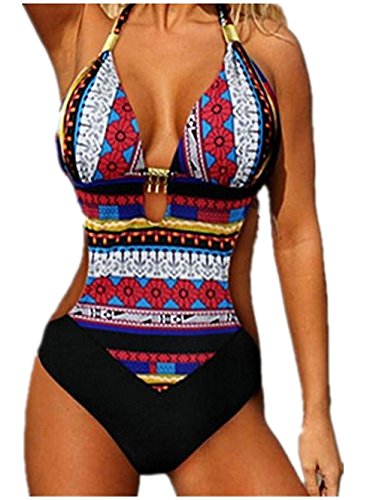 Aidonger Damen Sexy Nationalen Drucken Neckholder Tankini Badeanzug Hot Frauen Push-Up Rückenfrei Monokini Böhmen Raffinerten Bademode