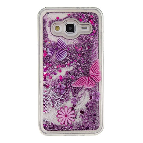 für Samsung Galaxy J3 2016 Hülle,SKYXD Glitzer Flüssig Wasser Kreativ Design Weiche Silikon Gel Gummi [Nicht Hard Case] Brillianter Leichtes Glatt Schutzhülle mit [Handyanhänger + Eingabestifte] Handy Tasche Hülle Etui für Samsung Galaxy J3 2015/2016 SM-J320 Soft Shine Bling Glitter Liquid Water Folie Case Back Cover With Touch Pen Dust Plug – Violett Treibsand Sparkle mit Rosa Schmetterling Muster - 4