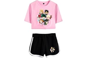 LKY STAR My Hero Academia T-Shirts und Kurze Hose Set Anime MHA Cosplay Deku Shoto Crop Top und Shorts 2pcs für Damen Mädchen