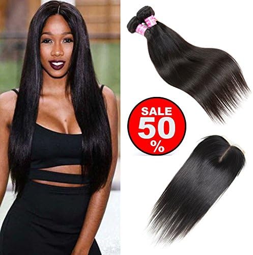 Fastyle Hair Cheap Brazilian Hair Straight Human Hair Bundles with Middle Part Lace Closure Unprocessed Straight Virgin Hair Remy Hair 100% High Quality Hair Extensions Natural Color(16 18 20+14)