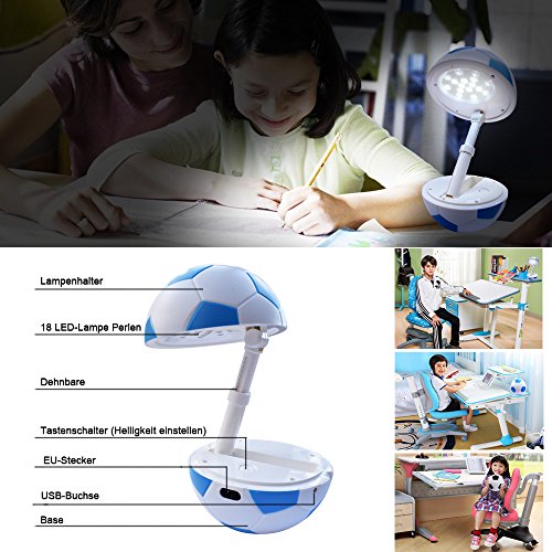 Happy Dream Schreibtischlampe LED kinder Tischlampe höhenverstellbar Faltbare, Fußball Modellieren LED baby Tischleuchte / Nachttischleuchte Leselampe. USB-Ladeanschluss,dimmbare LED Tischleuchte Augenschutz 。(blau) - 3