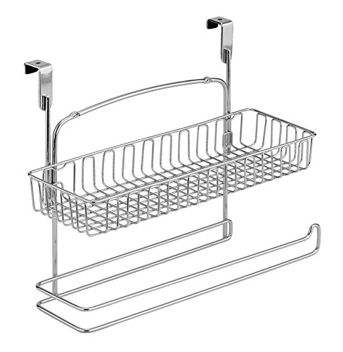mDesign Küchenrollenhalter mit Regal – Halter für Papierrollen und kleine Gegenstände in der Küche – am Schrank zu befestigen – Farbe: Chrom - 3