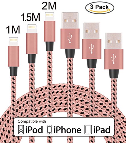 Flashstye 3 Pack 1M 1.5M 2M Phone Charger Nylon Braided Lightning to USB Cable Apple lightning cable for iPhone 7 Plus 6S Plus 6 Plus SE 5S 5C 5, iPad 2 3 4 Mini, iPad Pro Air, iPod.(Rose gold & Black )
