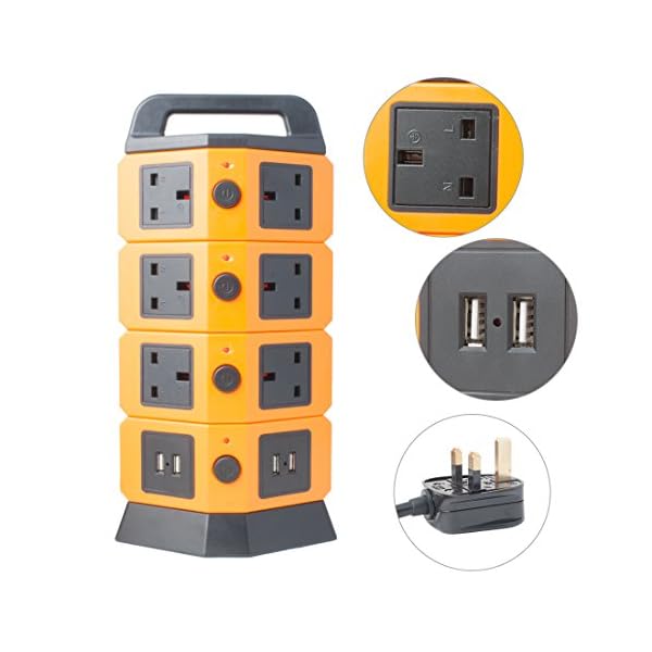 sourcingmap® Tower Power Strip 2500W Smart Socket Surge Protector 10 UK Socket 4 USB Charging Station 6.5ft Extension Cord Orange - Image 4