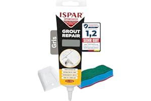 Ispar Joint carrelage gris 400g – kit reparation carrelage avec spatule et éponge pour salle de bain, cuisine, intérieur | mortier prêt à l'emploi
