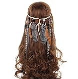 AWAYTR Hippie Feder Beflockung Perlen Weben Stirnband Quaste Beige Kopfschmuck Haarband