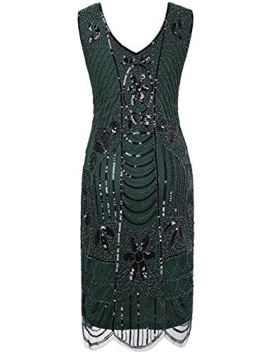 Kayamiya Damen Retro 1920er Perlen Pailletten Blatt Art Deco Gatsby Flapper Kleid S Grün - 2