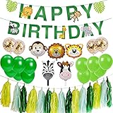 kindergeburtstag dekoration Dschungel Geburtstag Set enthält Geburtstag Girlande, 5 Stück Tierballons, 16 Stück Latexballons, 15 Stück Papier Quasten