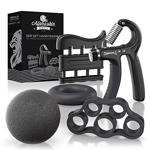 ALPHASKIN© Handtrainer Fingertrainer [5er Set] - Verbessertes Konzept 2020 - Hand Unterarm Trainingsgerät Grip Griffkraft Trainer - Fingerhantel Training Unterarmtrainer für Fitness Krafttraining
