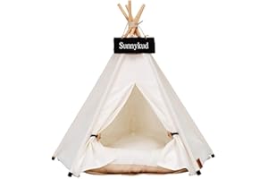 Sunnykud Tipi Zelt für Haustiere Hundezelt Katzenzelt Haustierzelte Häuser mit Kissen Abnehmbar und Waschbar Haustierbett Wegklappen Haustier Hundebett Katzenbett (M:50x50x60cm, weiß)