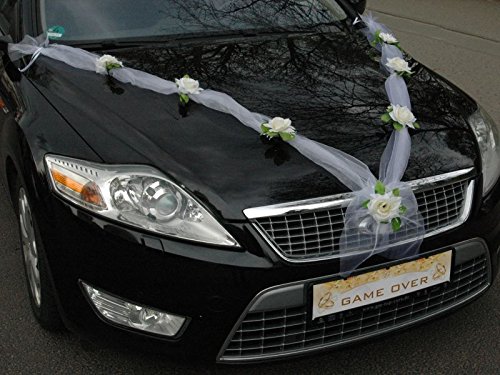 ORGANZA M Auto Schmuck Braut Paar Rose Deko Dekoration Autoschmuck Hochzeit Car Auto Wedding Deko Girlande PKW (Ecru / Weiß) - 3