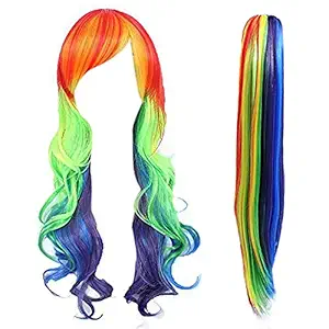 Anogol My Little Pony Rainbow Dash Wig Curly Hair with Ponytail Lolita Party Hair Wigs