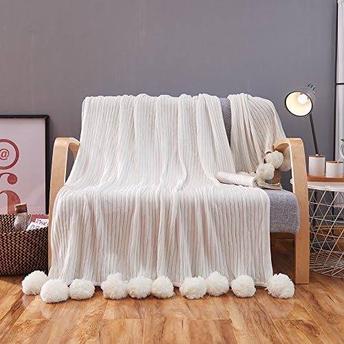 AliceHome Lovely Cozy Knitted Throw Blanket With Big Cute Pompom For Sofa And Bed (White, 150cm*200cm)