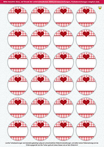 24 Aufkleber / Etiketten / Sticker | Landhausstil Kariert Herz | Rund | Ø 40 mm | Hellrot/Rot | F00038-06 | Ohne Beschriftung! | CuteLove & Head-Beat - 2