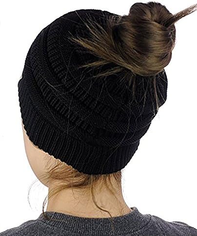 DSUK Women's Winter Chunky Cable Knit Messy Skull Beanie High Bun Ponytail Skullies Hat Cap