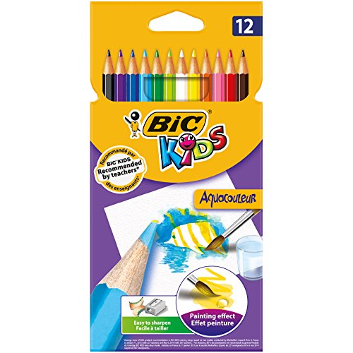 Pochette plastique de 12 crayons de couleur Aquacouleurs Bic. Corps de forme hexagonal diametre 6,9 mm en bois Coloris assortis Mine aquarelle soluble a l