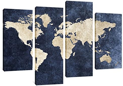 Amosi Art Canvas Wall Art 4 Panels Navy World Map Print Painting Mazarine Background Picture Stretched Framed Giclee Artwork for Home Living Decor