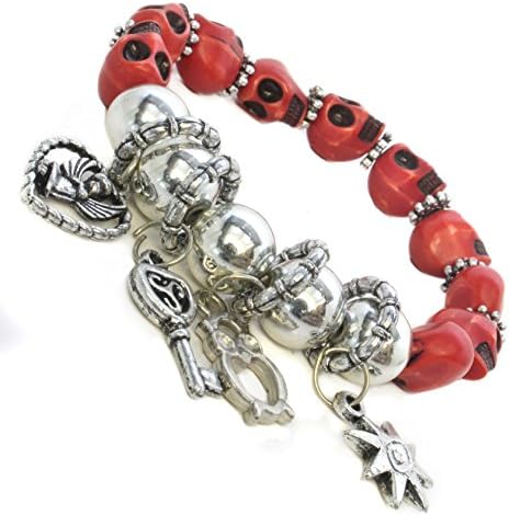 Chunky Red Mexican Skull Beads and Multiple Charms Elasticated Design Unisex Whirlybird Fantastic Fashionable Trendy Bracelet Band perfect for the Beach Summer Music Festival New