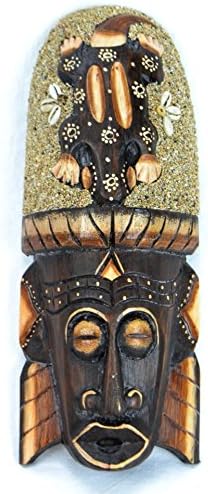 African Mask 30 cm Wooden Gecko with Sand and Shells cauris