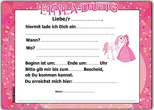 Prinzessin Einladungskarten Kindergeburtstag 12 Stück im günstigen Set Kinder Geburtstag Mädchen Fee Pferd Poney Einhorn - 2